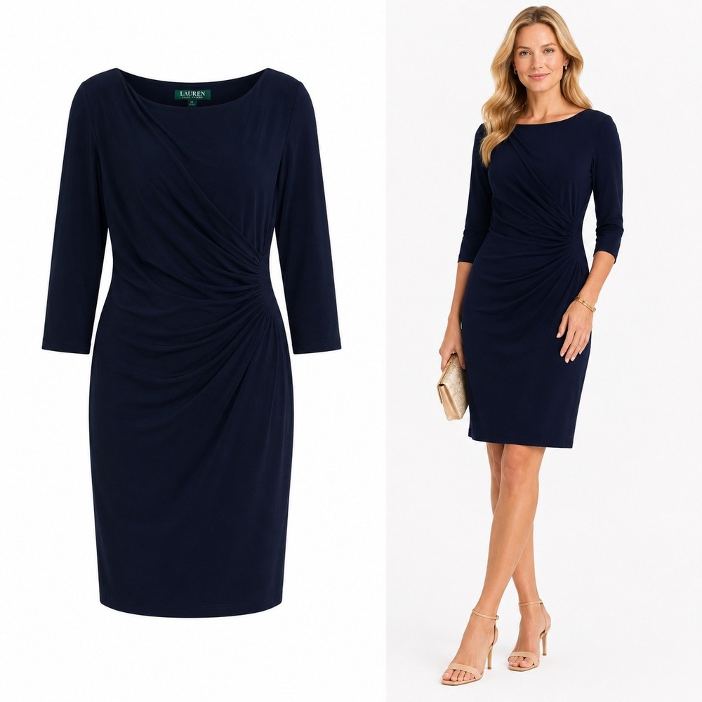 Lauren Ralph Lauren Dress Womens 12 Navy Blue Twist Front Sheath 3/4 Sleeve Boat